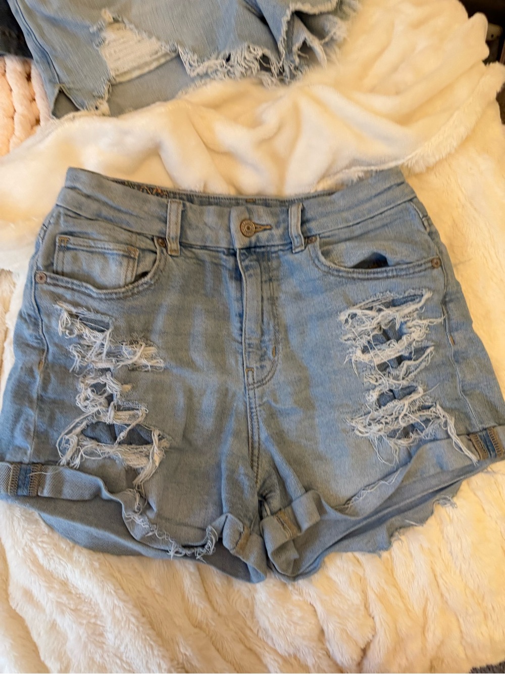American Eagle Outfitters embroidery Light Blue Distressed High-Rise Jean Shorts